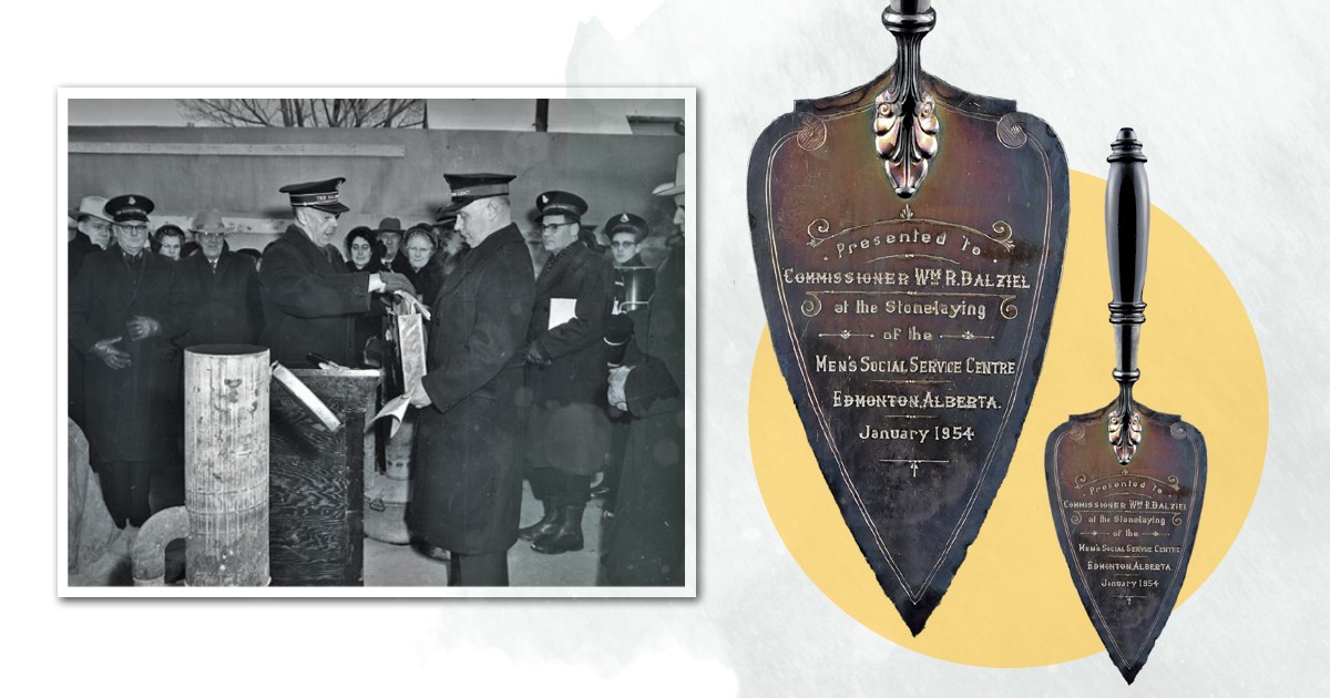 Trowel and photo of groundbreaking ceremony for men’s social centre in Edmonton