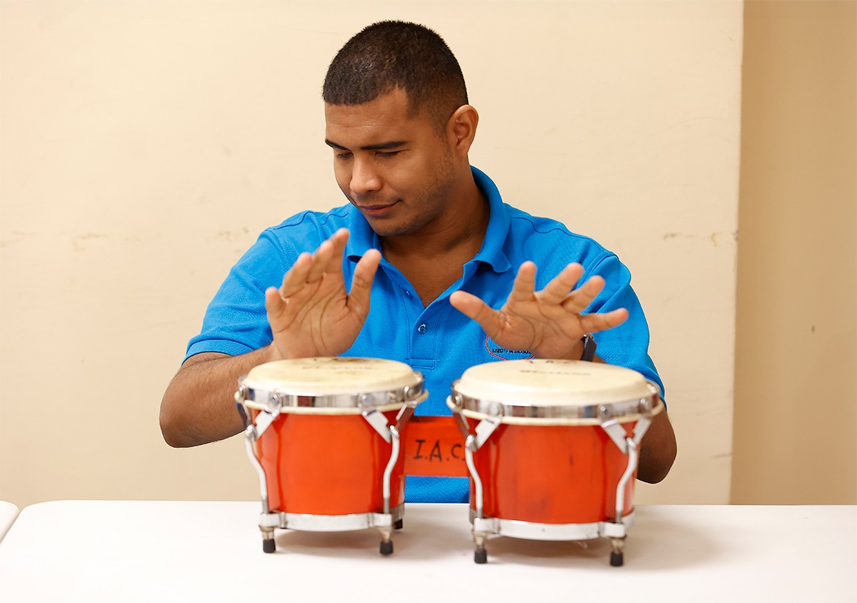 Eduardo Muñoz, a student at The Salvation Army School for the Blind in Panama, plays the drums