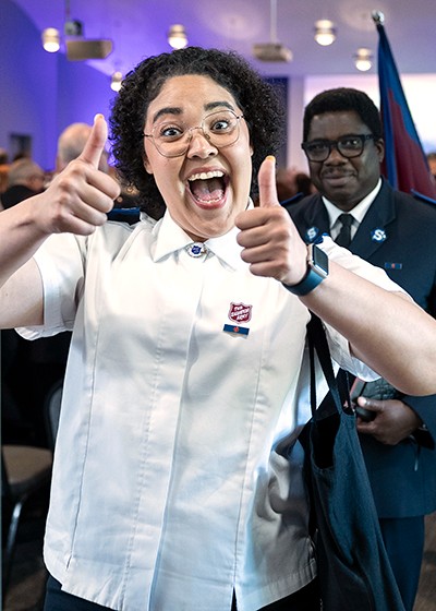 Cadet Borgela smiles and gives the thumbs up