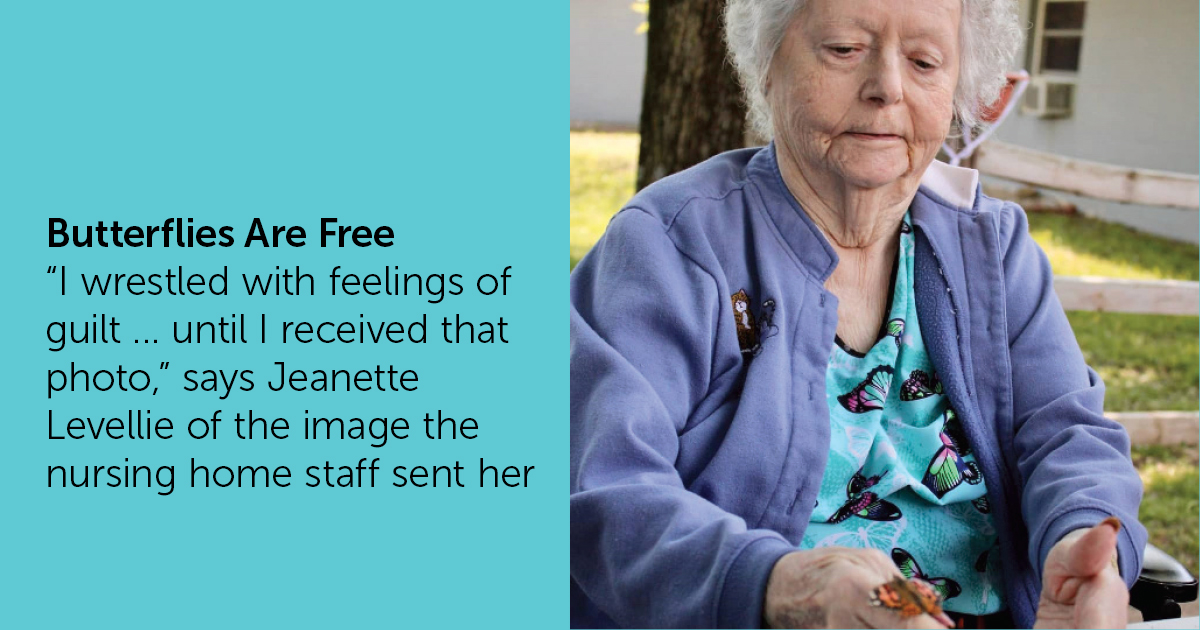 Jeanette Levellie's mom, with a butterfly sitting on her hand