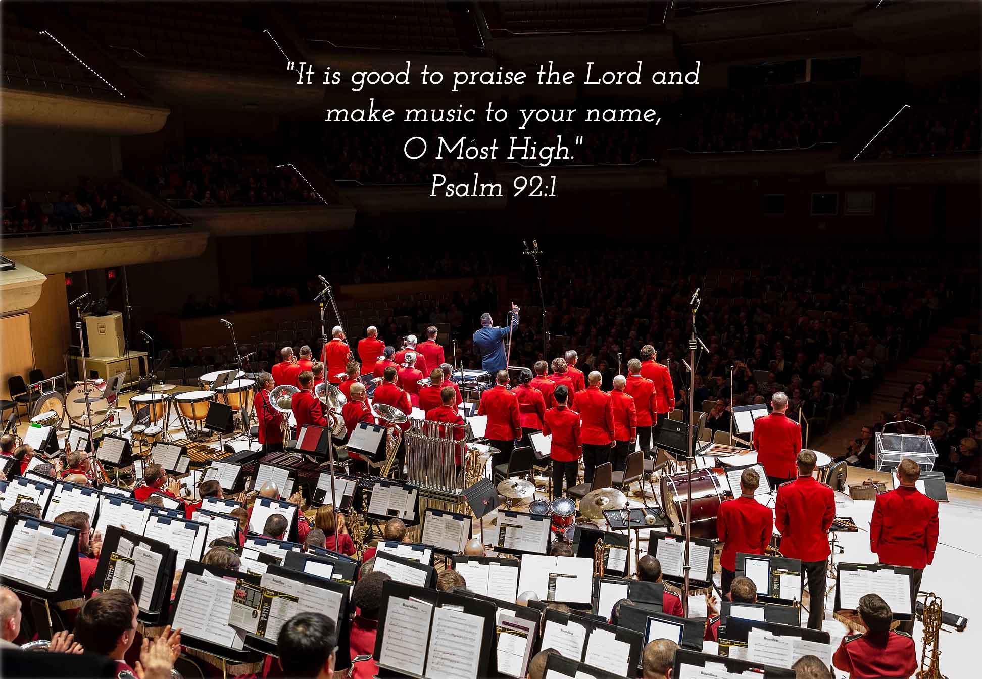 Canadian Staff Band Photo with Bible Verse, "It is good to praise the Lord and make music to your name, O Most High." Psalm 92:1