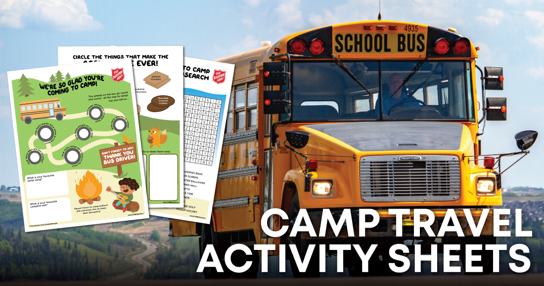 School Bus with "Camp travel Activity Sheets"