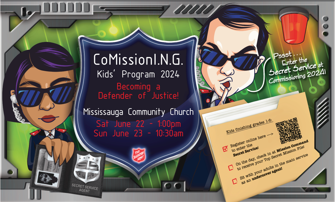 Cartoon secret agents in Salvation Army officer uniforms by a shield with Commissioning Kids Event details