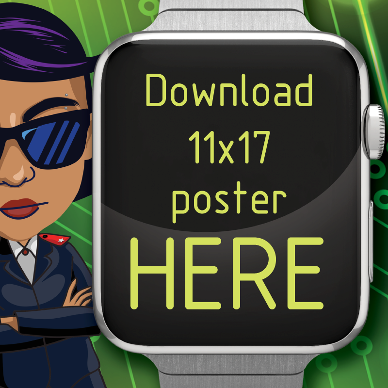 Cartoon secret agent with watch text saying DOWNLOAD POSTER HERE