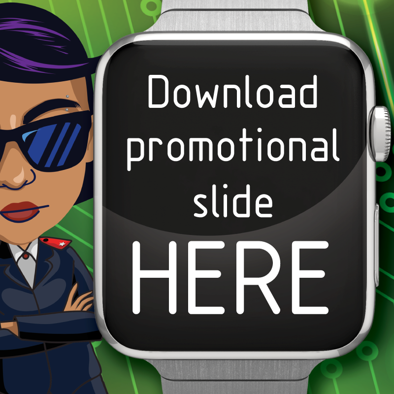 Cartoon secret agent with watch text saying Download promotional slide HERE