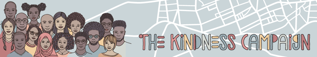 The Kindness Campaign Banner - Many faces with varied ethnicity and a hand drawn city street map in the background