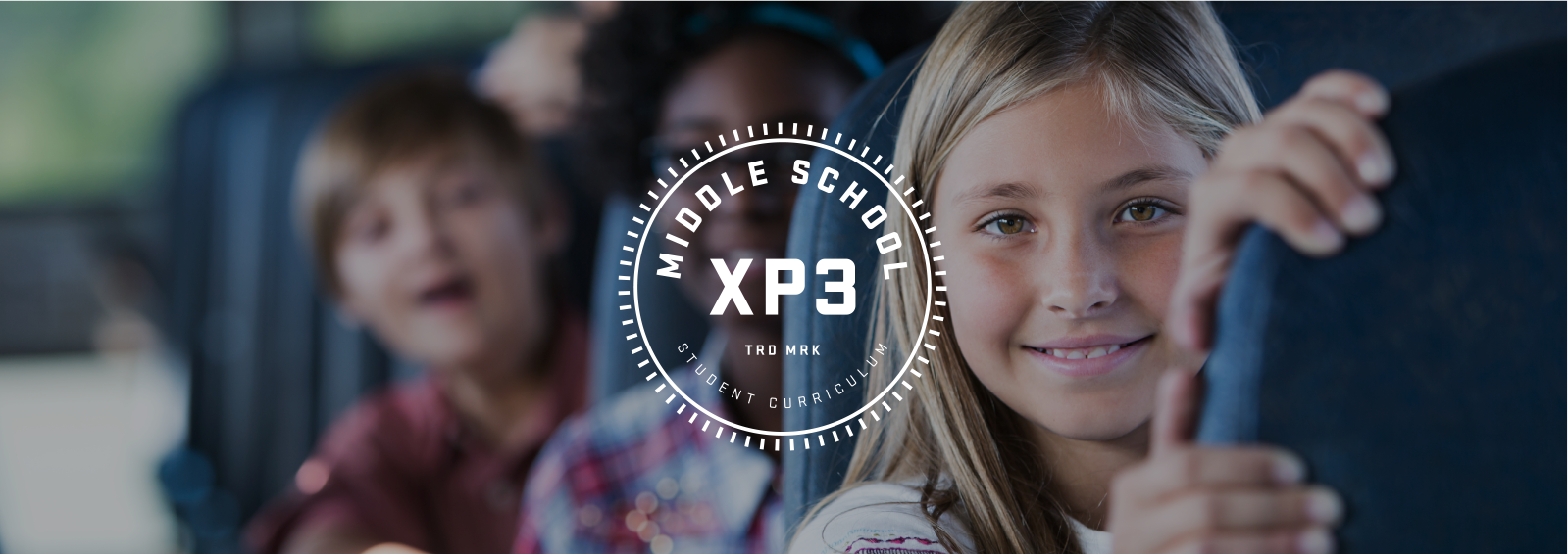 XP3 Middle School Curriculum logo, with children on a school bus in the background