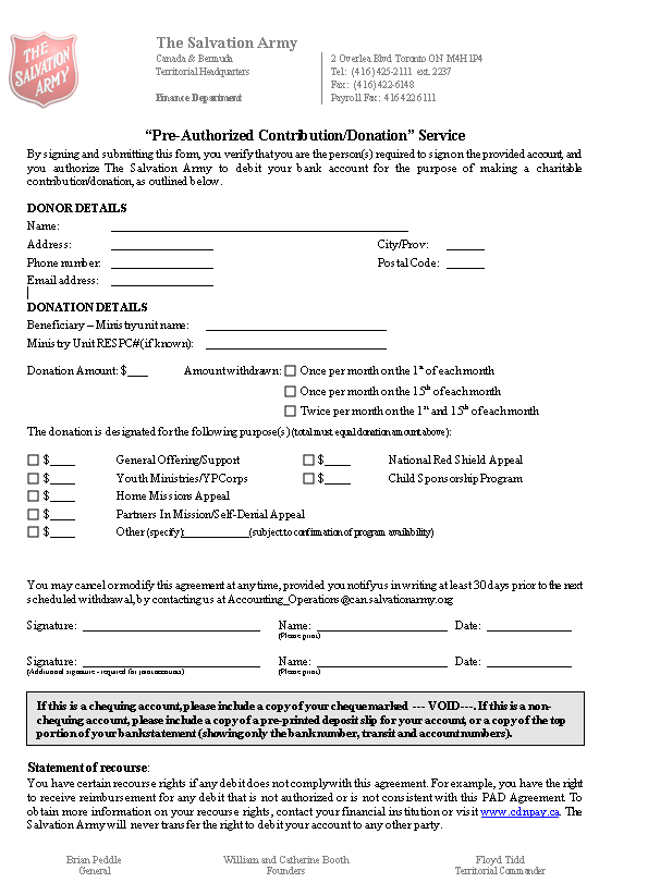 Pre-Authorized Payment PAD Authorization Form