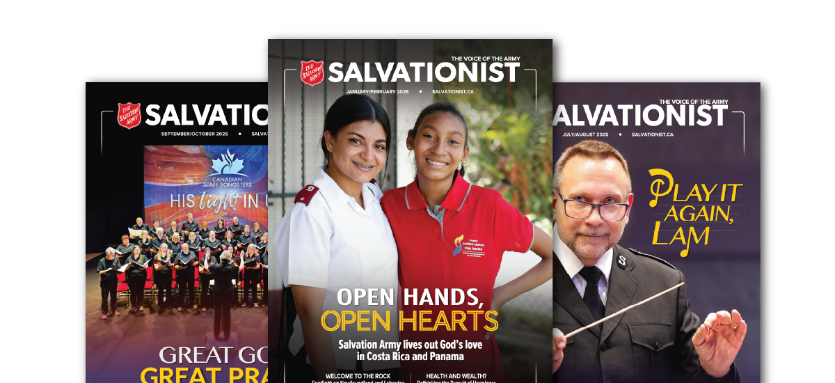 A graphic of three Salvationist Magazine covers spread out.
