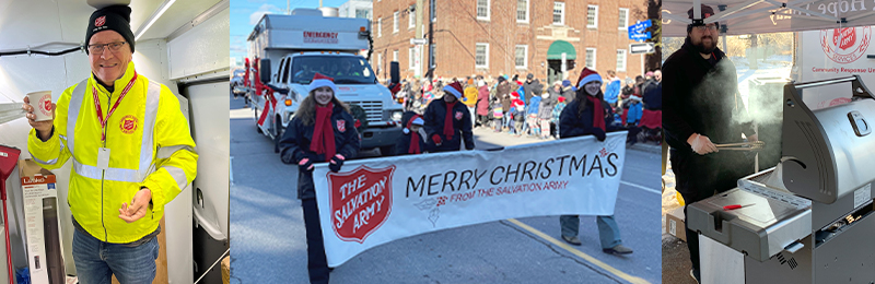 Left to right: Showing up for the Santa Claus Parade in North Bay; marching in the Ottawa Santa Claus Parade; BBQ-ing at Edmonton’s Santa Shuffle.