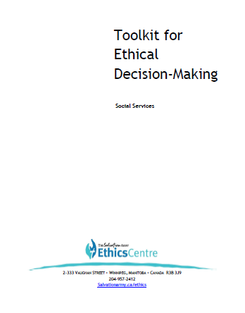 Toolkit for Ethical Decision-making (Social Services) with the Ethics Centre's contact information 