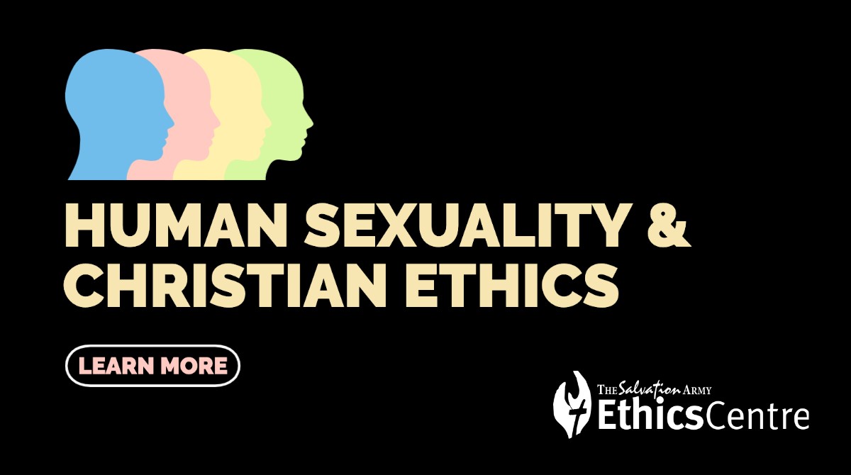Human Sexuality and Christian Ethics poster to redirect to course page for more information. A black background with four cartoon head silhouettes next to each other, all facing the same direction. The words "Learn more" is highlighted. 