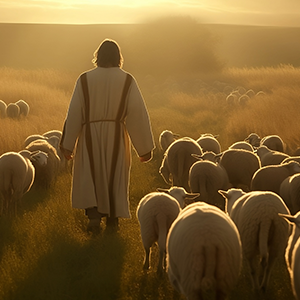 Image of Jesus leading a flock of lambs.