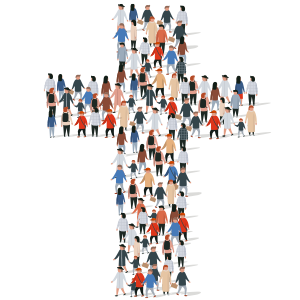 Image of different kinds of people shaping an image of a cross