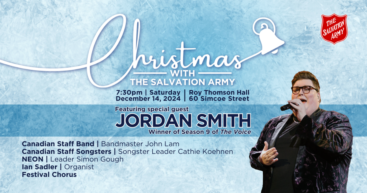 Christmas with The Salvation Army 2024 event. Blue Icey background with photo of Jordan Smith as the special guest. 