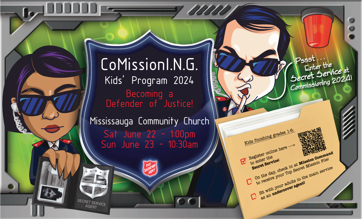 Commissioning Poster. Two Salvation Army officers acting like top secret agents with confidential document folder.