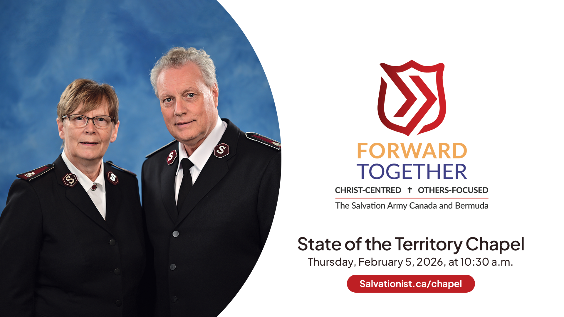 Photo of Lee and Debbie Graves. "State of the Territory, Thursday February 6, 2026, at 10:30 a.m.. salvationist.ca/chapel."