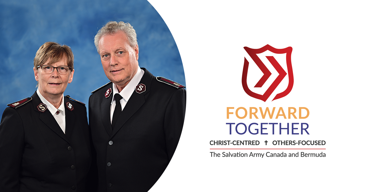 Lee and Debbie Graves beside a logo that reads "Forward Together, Christ Centred, Others Focused, The Salvation Army in Canada" 
