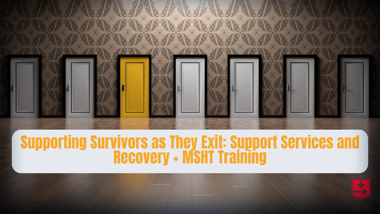 The Salvation Army’s Supporting Survivors as They Exit : Support Services and Recovery + MSHT Training. 7 white doors side-by-side. The third door from the left is yellow. 