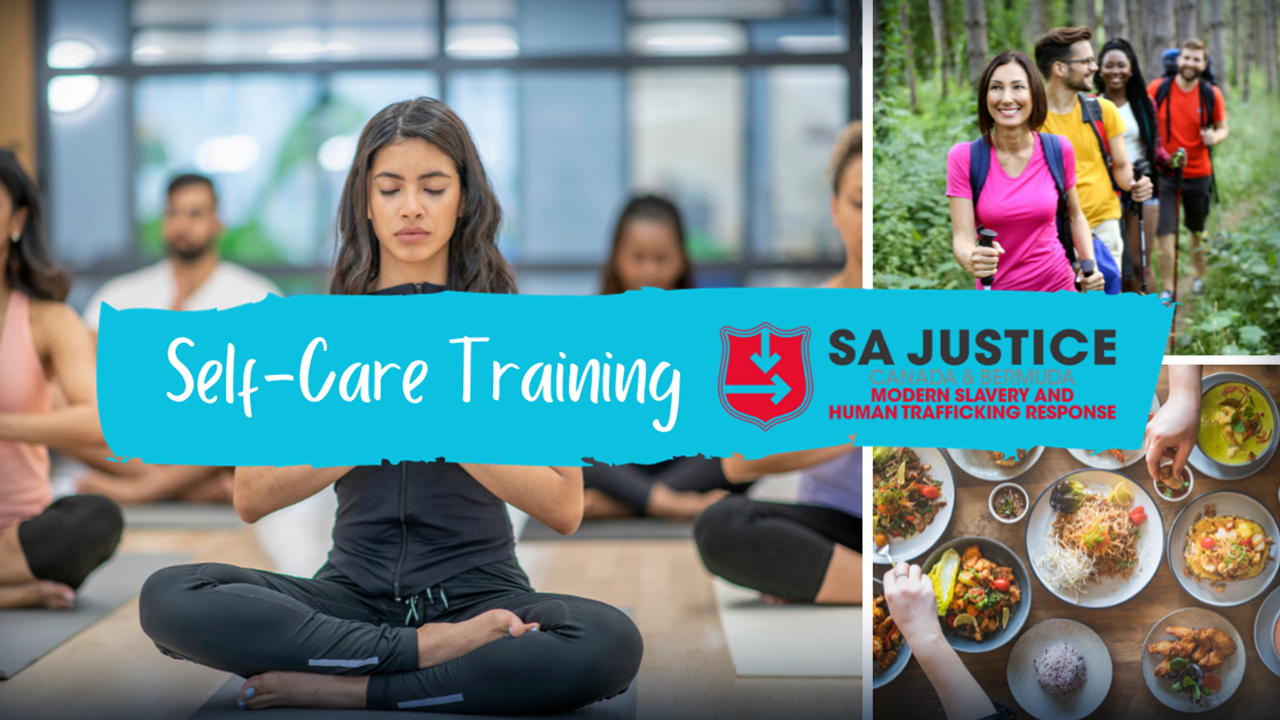 The Salvation Army’s Self-Care Training. Group of people practicing yoga, group of friends hiking, and table full of plates of healthy food.