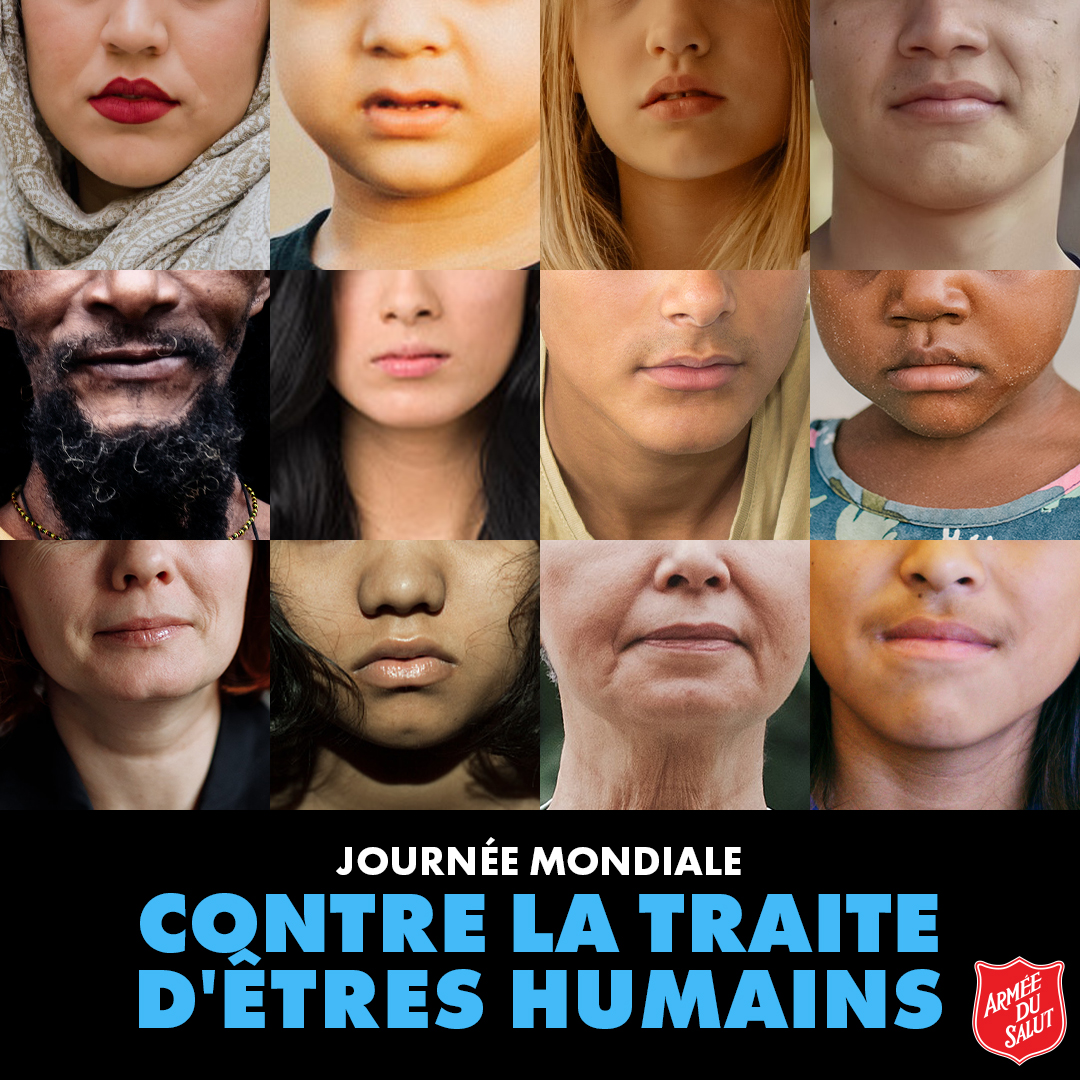 Many different faces featuring just below their eyes. There is text that reads "World Day Against Trafficking in Persons"