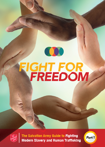 over page for The Salvation Army’s Fight For Freedom Guide. Cover page has 6 hands connecting in a circle.