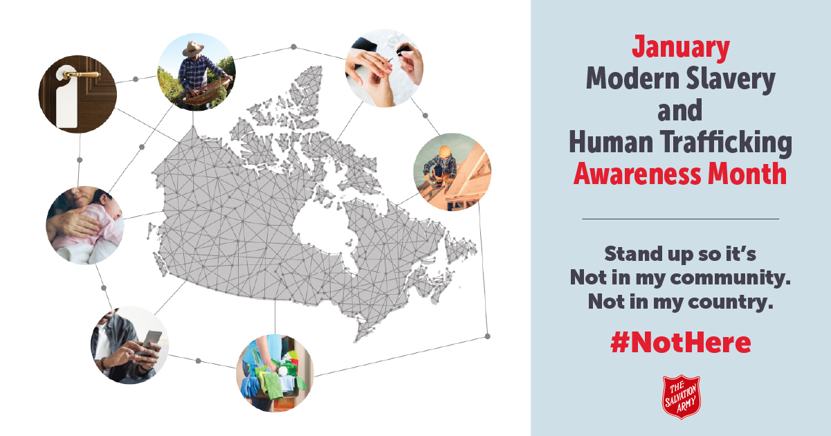 January Modern Slavery and Human Trafficking Awareness Month. Map of Canada with small pictures of where MSHT can happen around it. These pictures show (top right to left) a man working in construction, a nail salon, a man working on a agricultural farm, a hotel door, a nanny caring for a baby, a person using technology on their smart phone, and a house cleaner.