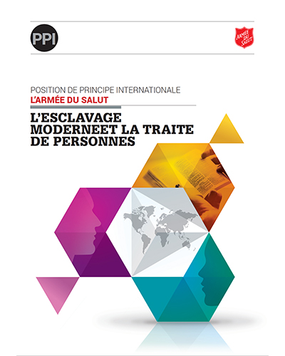 French version of the cover page for The Salvation Army’s International Position Statement on Modern Slavery and Human Trafficking. Image shows green, purple and yellow geometric shapes with a map of the world in the center.