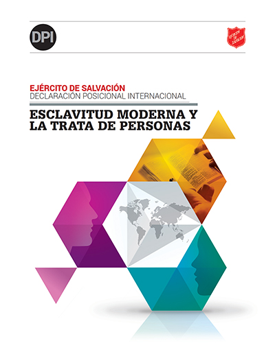 Spanish version of the cover page for The Salvation Army’s International Position Statement on Modern Slavery and Human Trafficking. Image shows green, purple and yellow geometric shapes with a map of the world in the center.