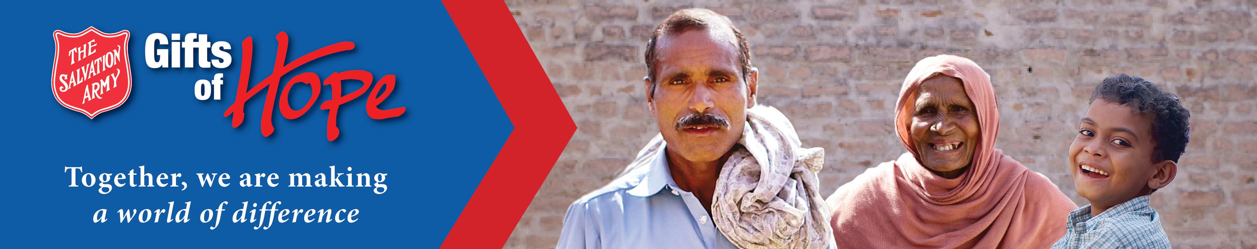 Gifts of Hope banner graphic with smiling senior, child and farmer from South Asia